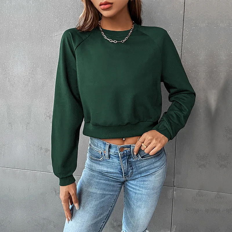 

Europe and America Solid Color Casual Round Neck Short Hoodie, Women's Autumn Fashion and Comfortable Crop Short Pullover Top
