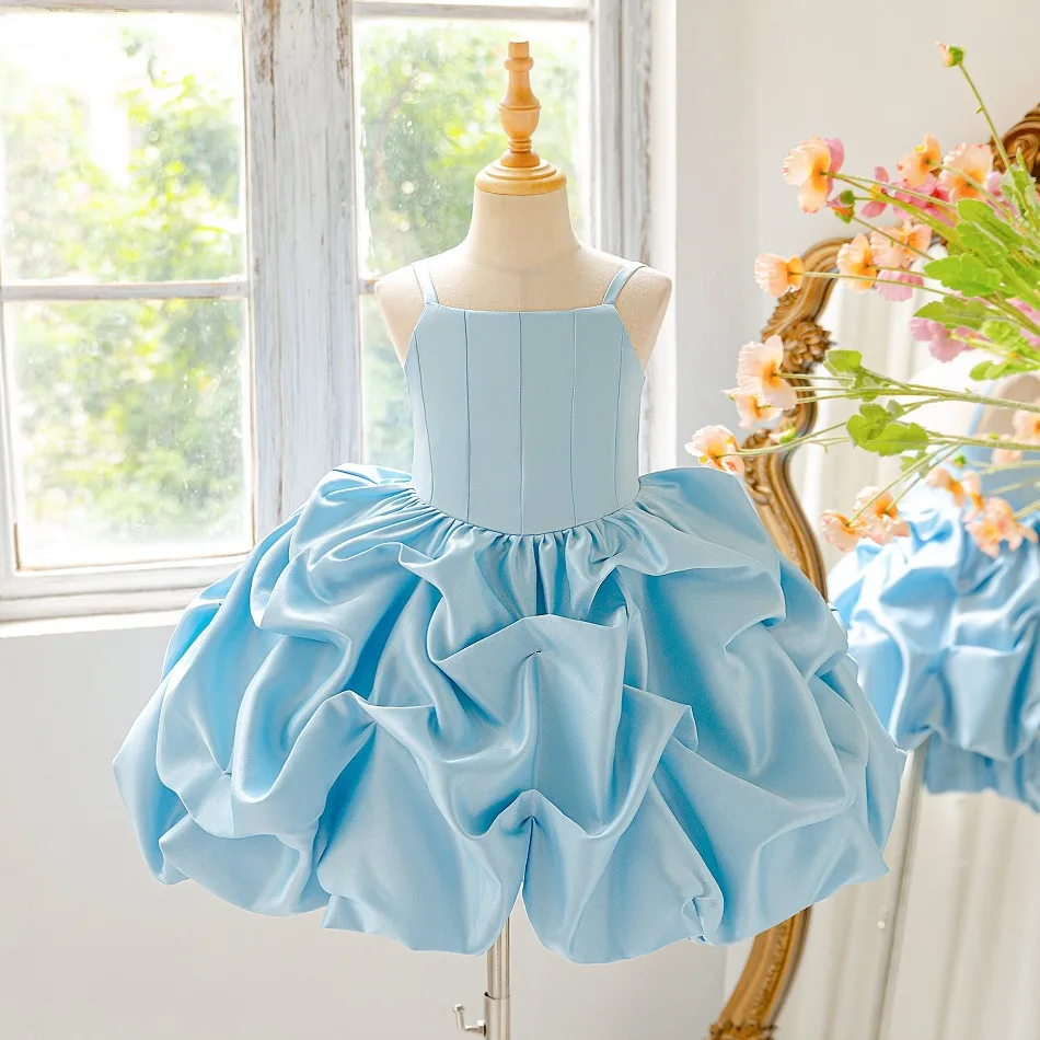 New Girls Blue Fluffy Sling Dress Children Princess Dresses Girls Suspender Party Dresses Birthday Party Costumes ASQ03