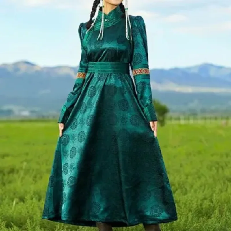Mongolian Yurts Casual Daily Long Robe Dress Slim Figure Stand Up Collar Traditional Apparel Mongolia Prairie Women's Clothing