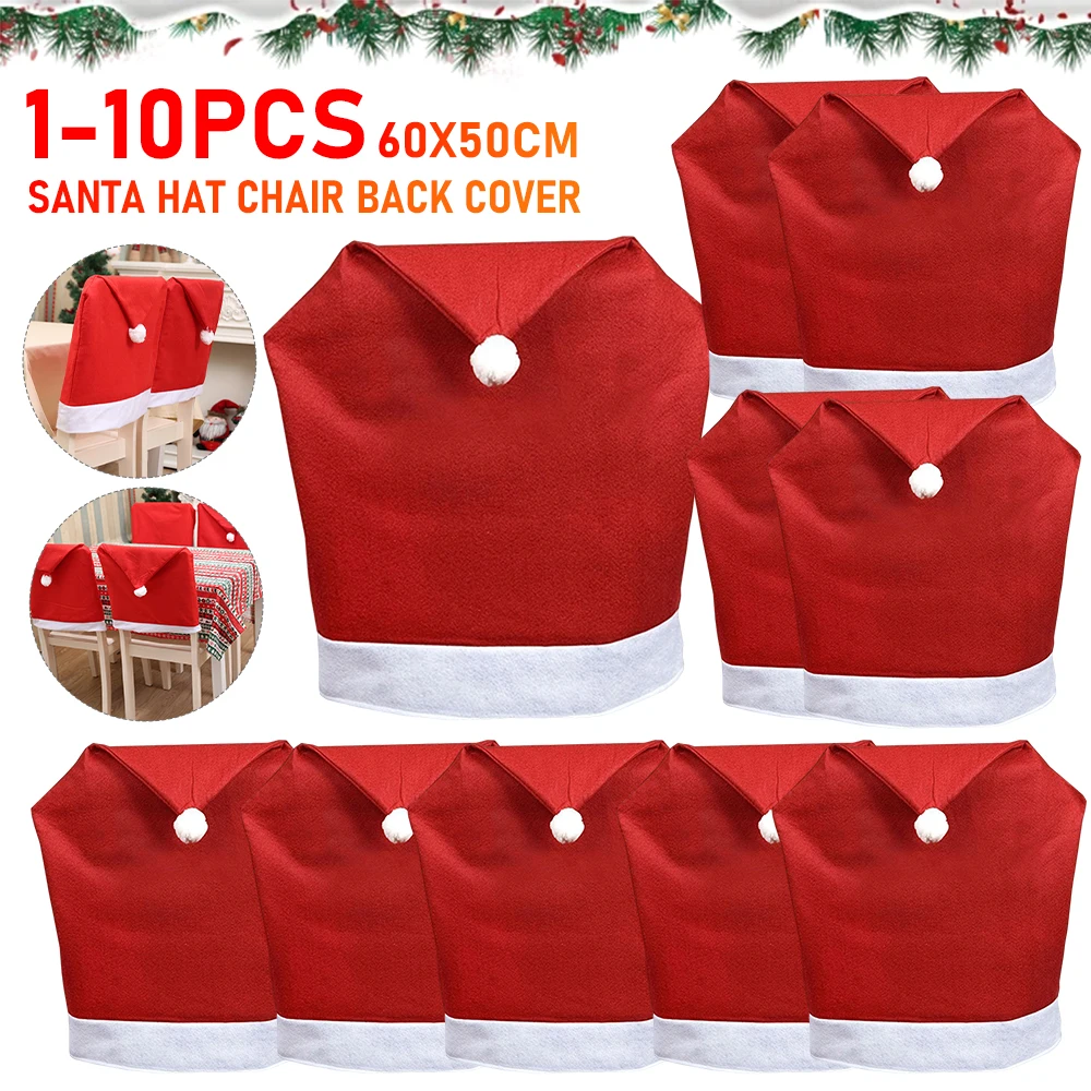 1-10PCS Christmas Chair Covers Santa Hat Chairs Back Cover Christmas Kitchen Dining Chair Slipcovers For Holiday Festival Decor