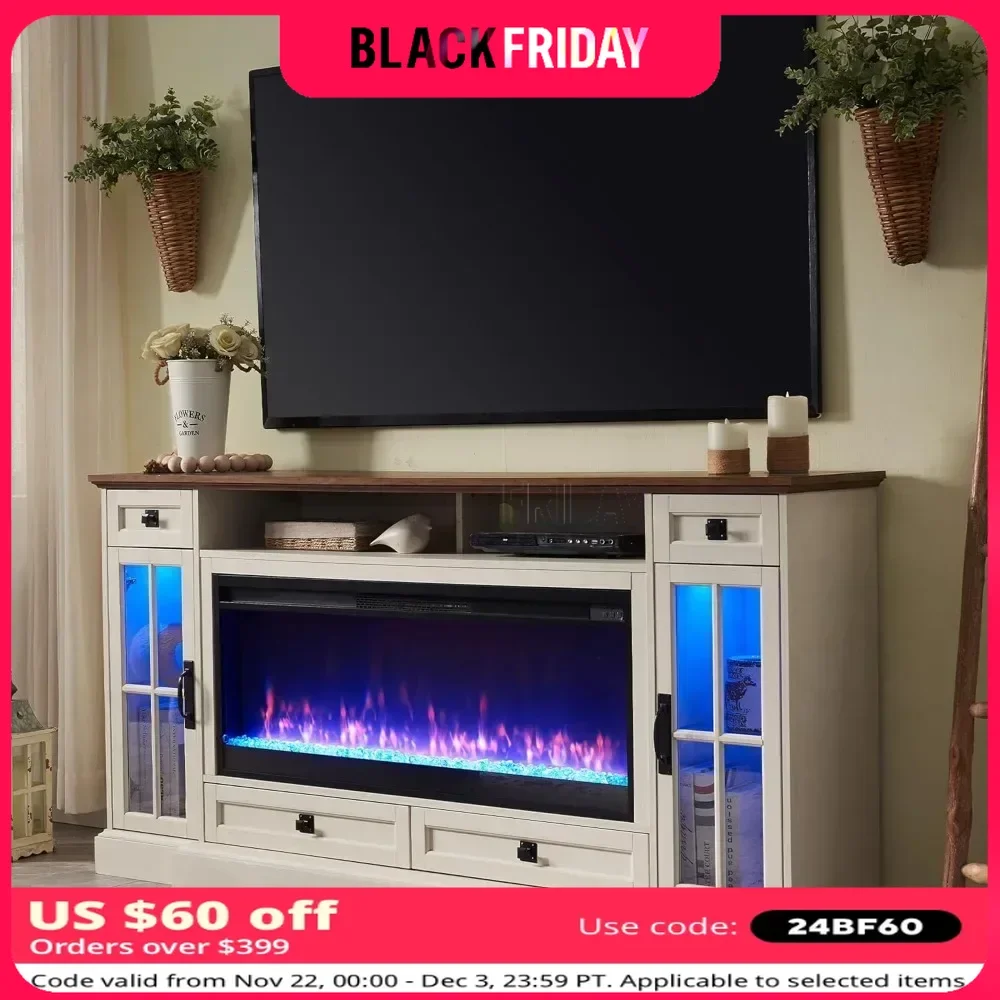 

TV Stand with 42" Fireplace & LED Lights, Media Console Tables with Storage Drawers & Cabinets, TV Stand