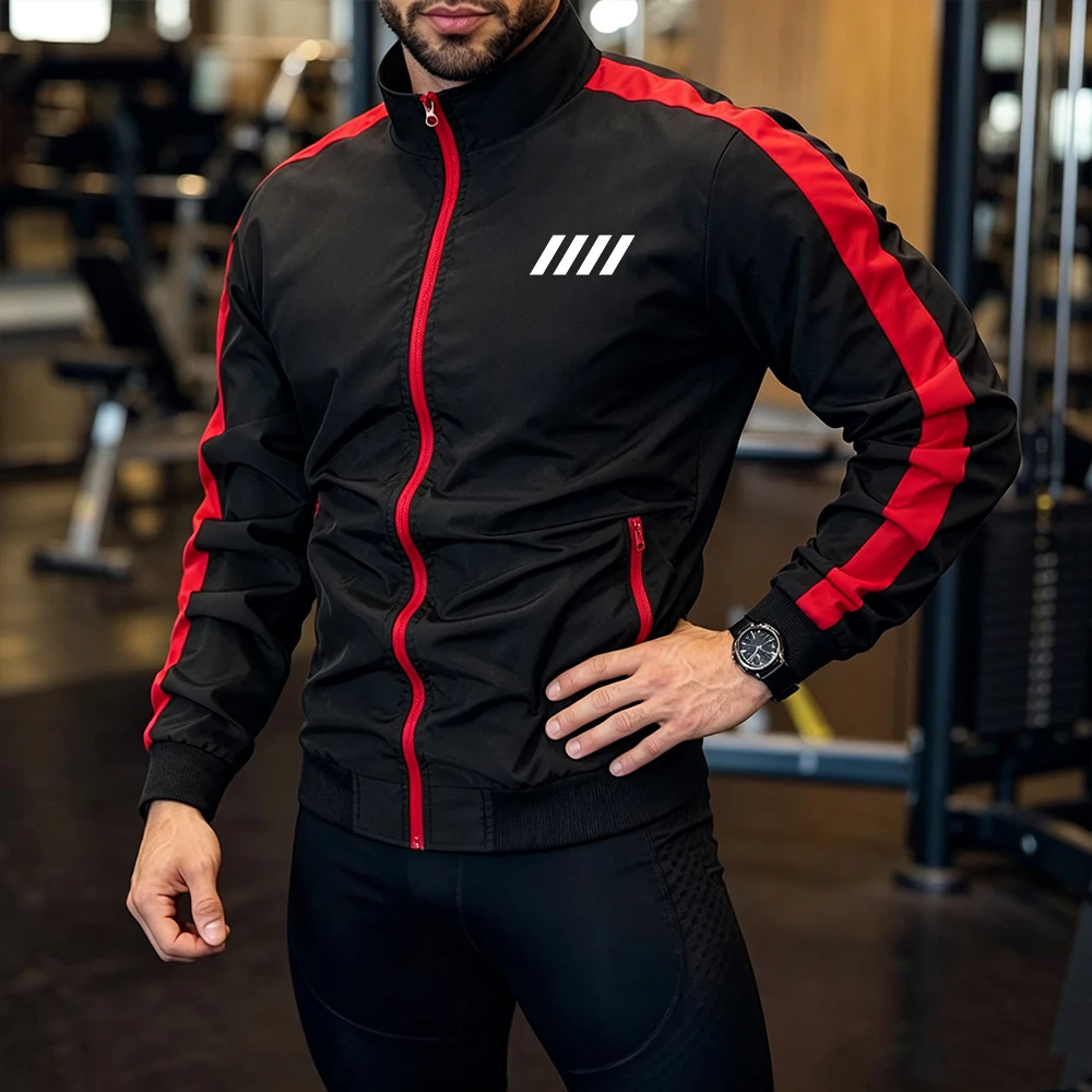 Mens Sport Stand Collar Track Jacket Red Side Striped Full Zip Up Coat Stripe Print Casual Workout Daily Running Sport Tops