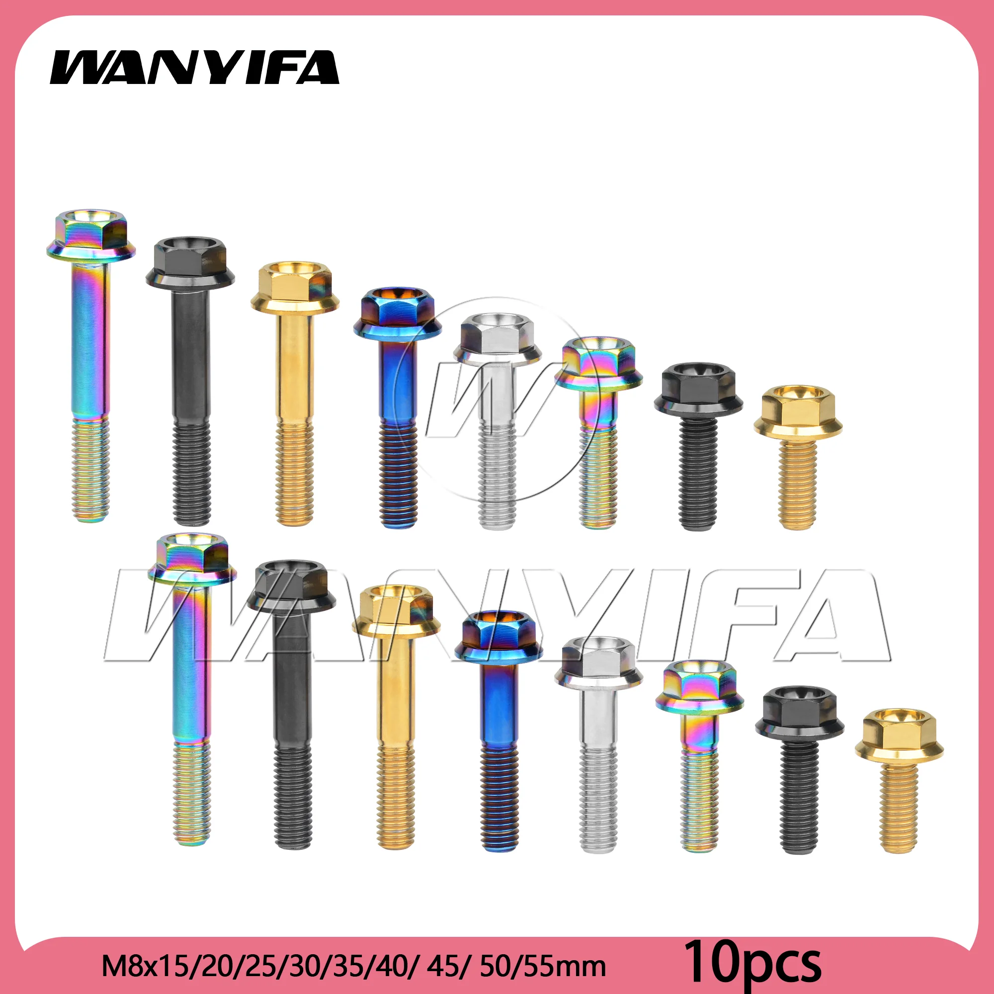 

Wanyifa 10pcs Titanium Bolts M8x15/20/25/30/35/40/45/50/55mm DIN6921 Flange Hex Head Screw for Motorcycle Cycling Ti Fastener