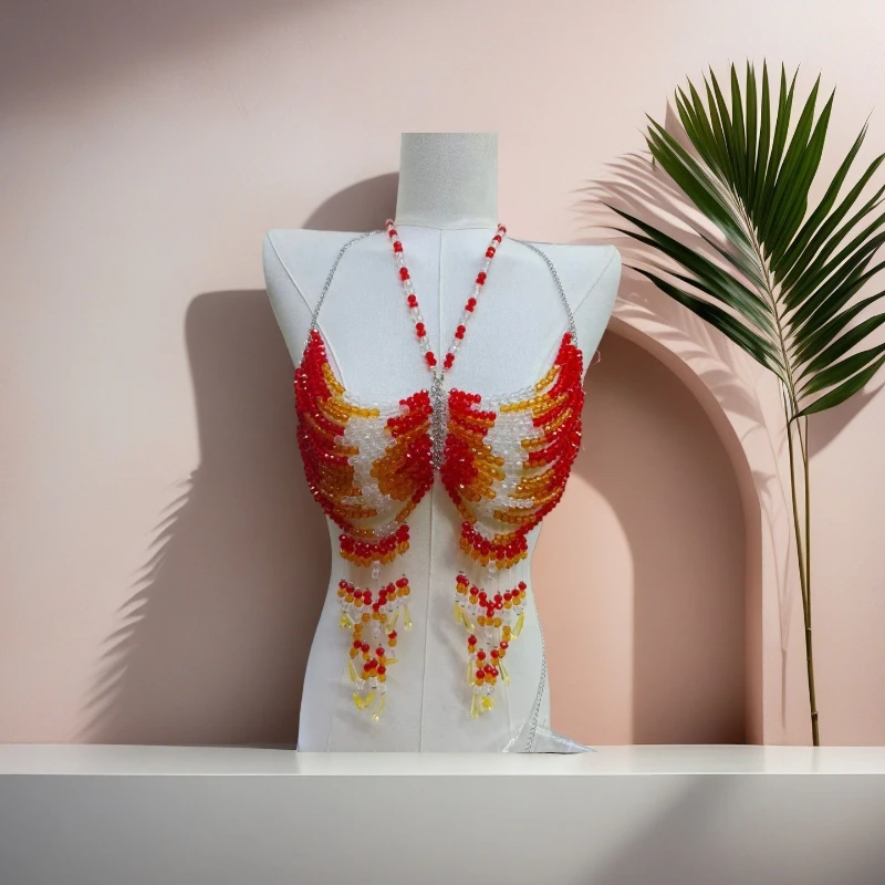 

Beaded Body Chain Bra Top Festival Rave Outfit Crystal Bead Harness Jewelry Costume Accessory for Women Party Performance