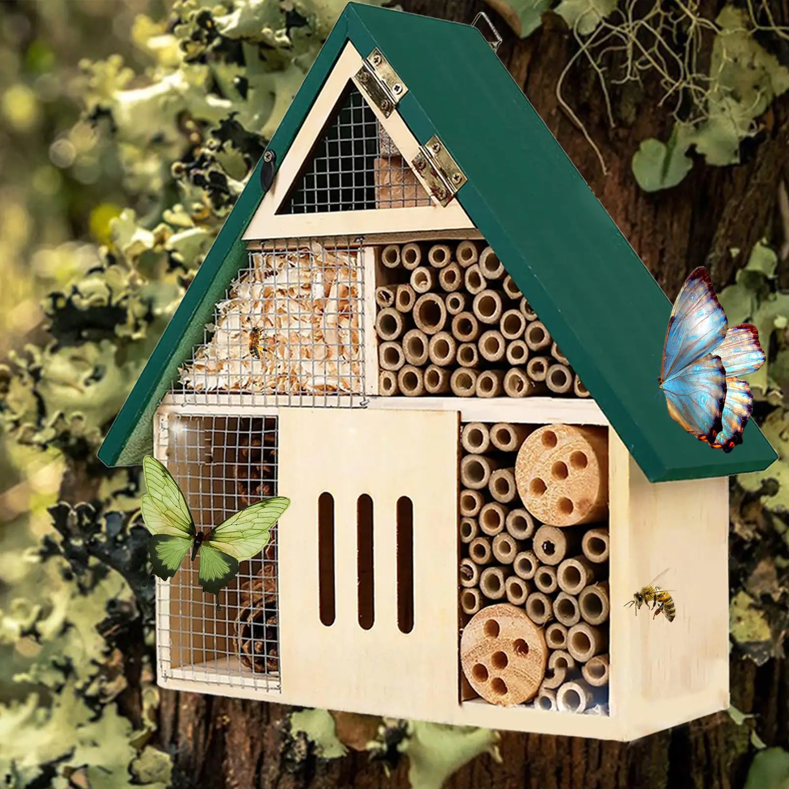 Bee House Sawdust Shelter Hanging Nest Cave Gate Hive Bamboo Ladybird Weatherproof Insect for Yard Garden Fence Outdoor Tree