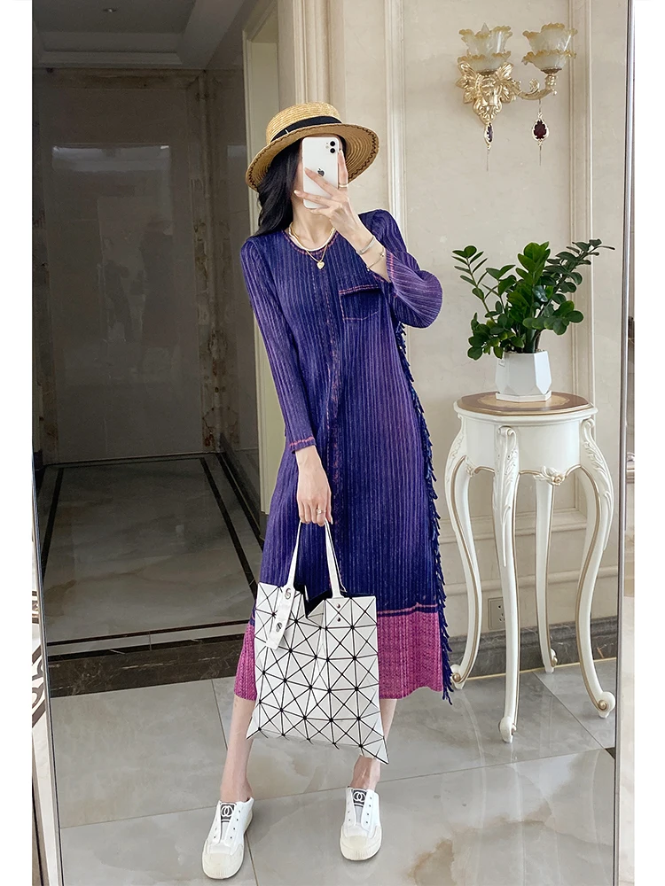 SMVP 여성 우아한 드레스 2025 봄 가을 새로운 Pleated 데님 컬러 라운드 넥 긴 소매 느슨한 대형 디자인 드레스