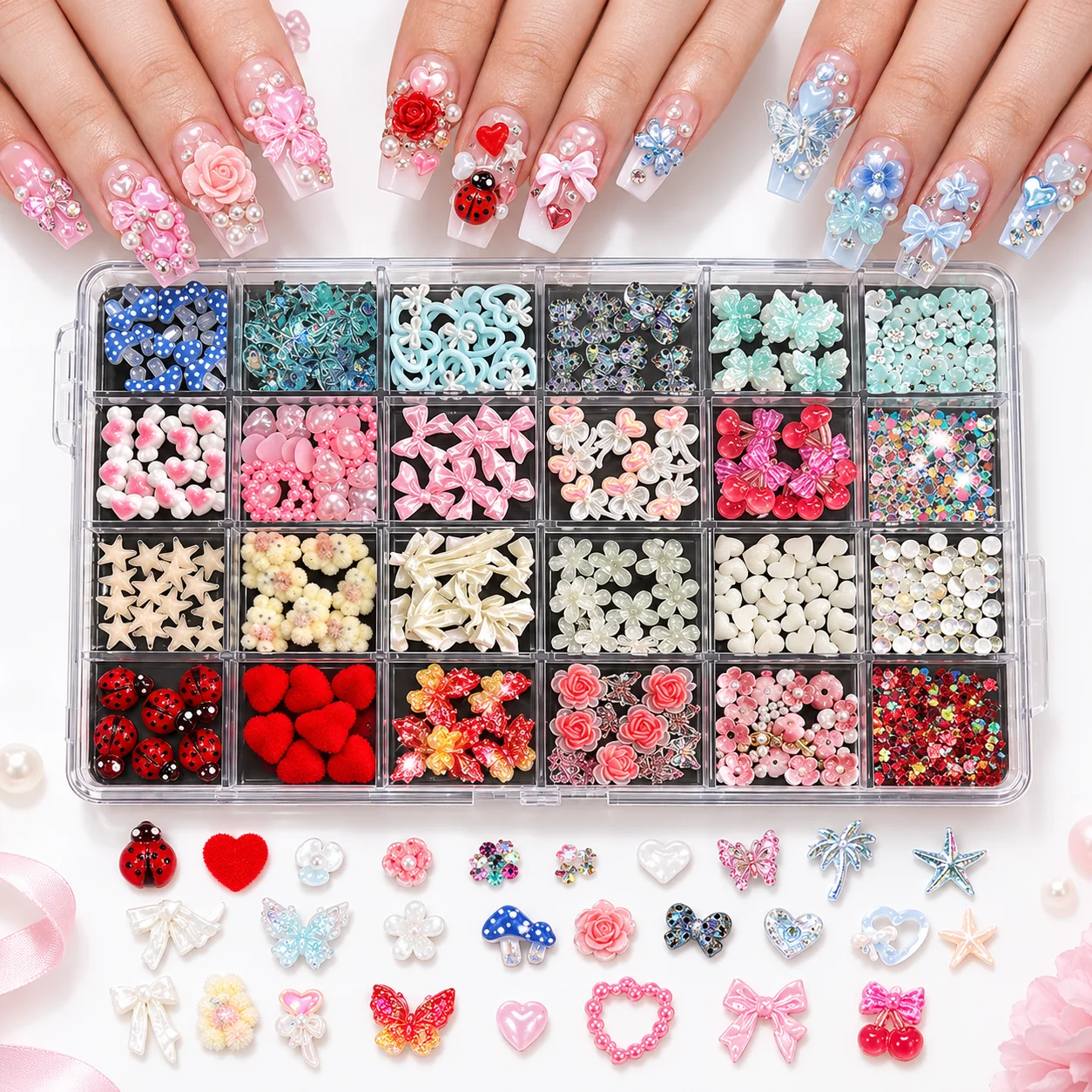 24Grids Trendy Coquette Nail Embellishments Mixed Pastel Flower Heart Butterfly Bow Nail Ornaments For Festival DIY Art Charms