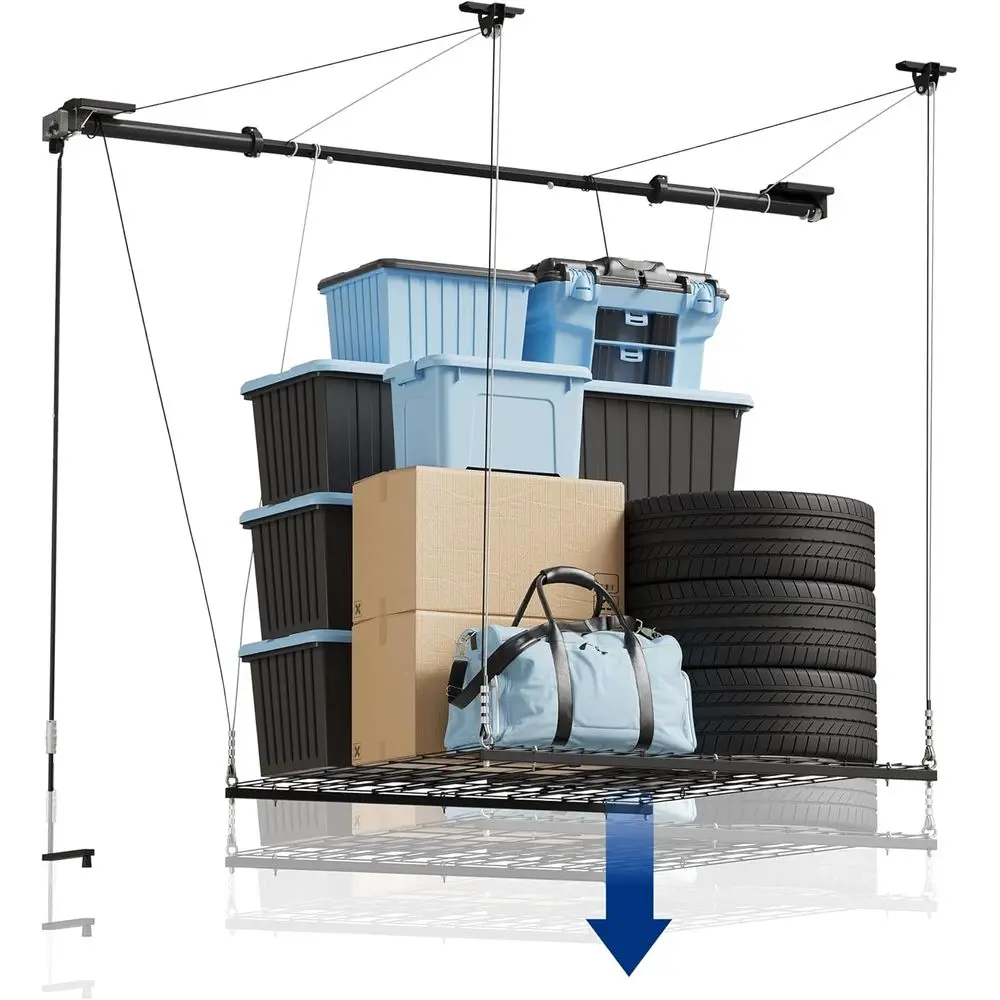 

Подъемный стеллаж для хранения на потолке в гараже, сверхпрочный металлический каркас размером 4x4 фута, система верхнего хранения с грузоподъемностью 300 фунтов, матовый черный