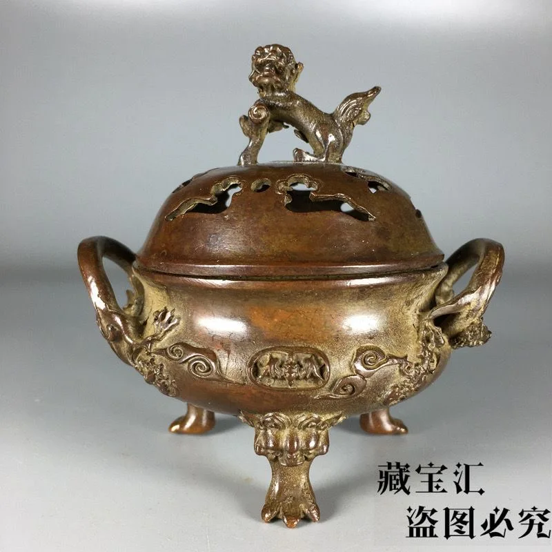 

Handmade Daming Xuande Rui Beast Three-legged Ding Double Dragon Ear Incense Burner Pure Copper Lion Copper Furnace Objects