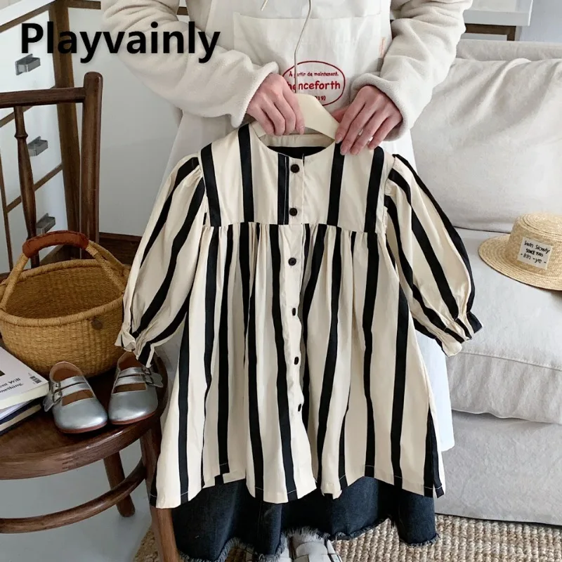 

Korean Style New Spring Baby Girls A-line Dress Vertical Stripes Round Collar Long Sleeve Dresses Casual Children Clothes E88034