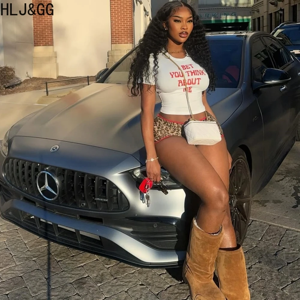 HLJ&GG Trend Fashion Leopard Print Shorts Two Piece Sets Women Letter Round Neck Slim Crop Top And Shorts Outfits Y2K Streetwear