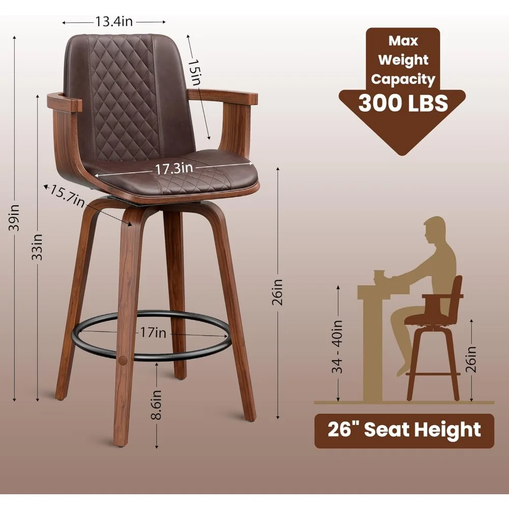 For Swivel Bar Stools Set of 3, 26" Counter Height Barstools with Wood Legs and Backs, Upholstered PU Leather Bentwood Frame Bar