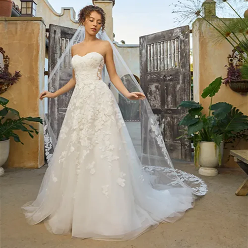 فستان زفاف فستان عروس على شكل حرف a تول زي العرائس بدون حمالات مزين بفساتين الزفاف الرسمية للعروس فيستدو دي نوفيا بودا #1