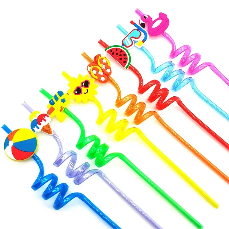 8pcs 26cm Reusable Colorful Plastic Drinking Straws Beach Spiral Straw Cartoon Duck Watermelon Kids Hawaiian Theme Party Decor