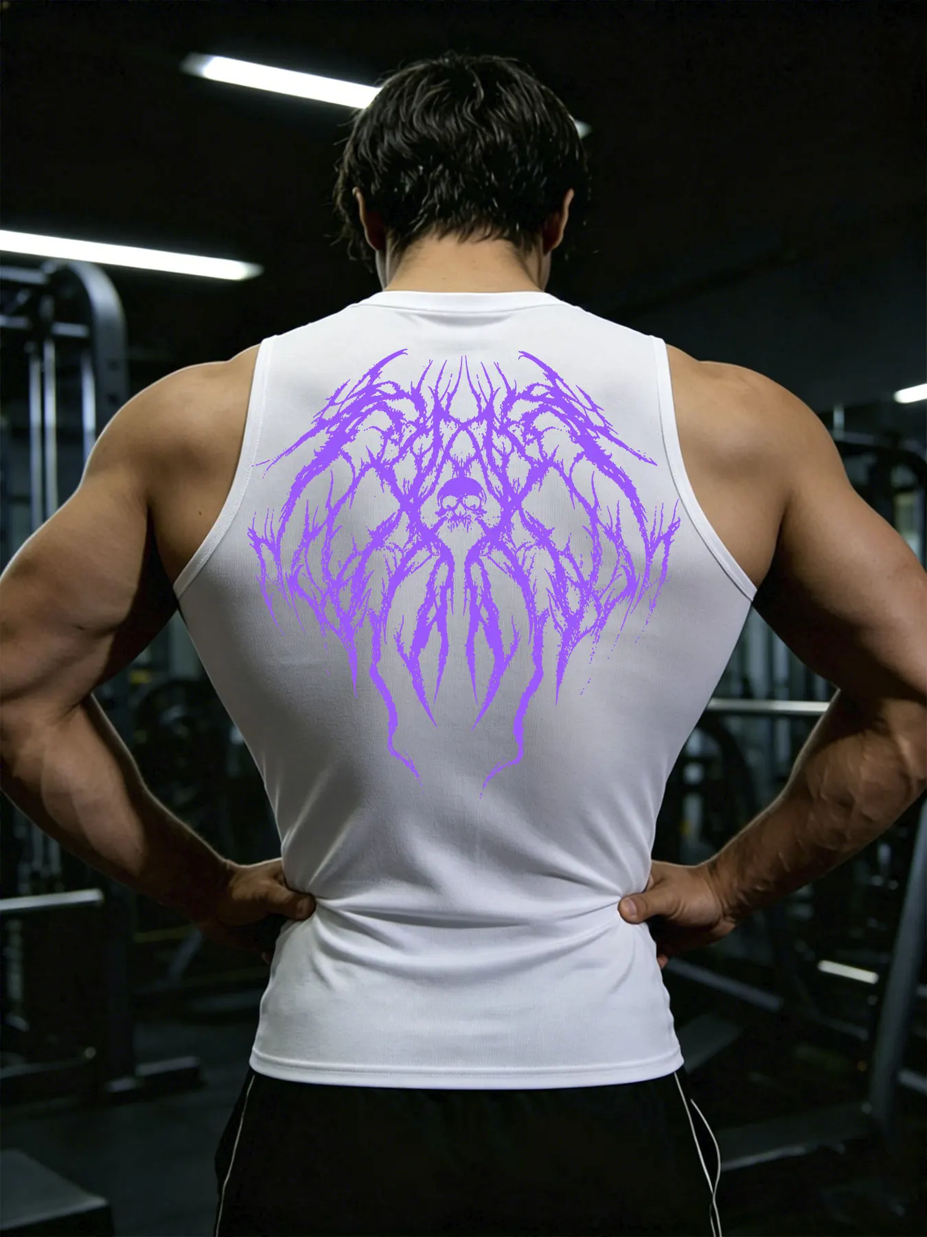 Herren Y2K Dark Gothic Art Print Kompressions-Tanktop, schnelltrocknend, ärmellos, Weste, Fitness, Bodybuilding, Workout, Muskel-Sportoberteil – Detail 2