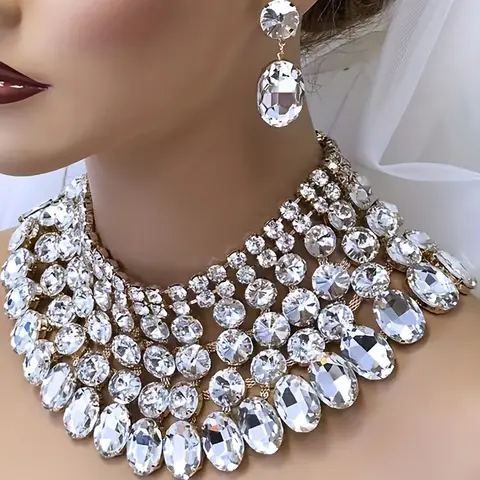 2pc/Elegant Multilayer Women's Apron Necklace Earrings Set, Artificial Crystal Embellished Party Wedding Shiny Accessories, Jewe