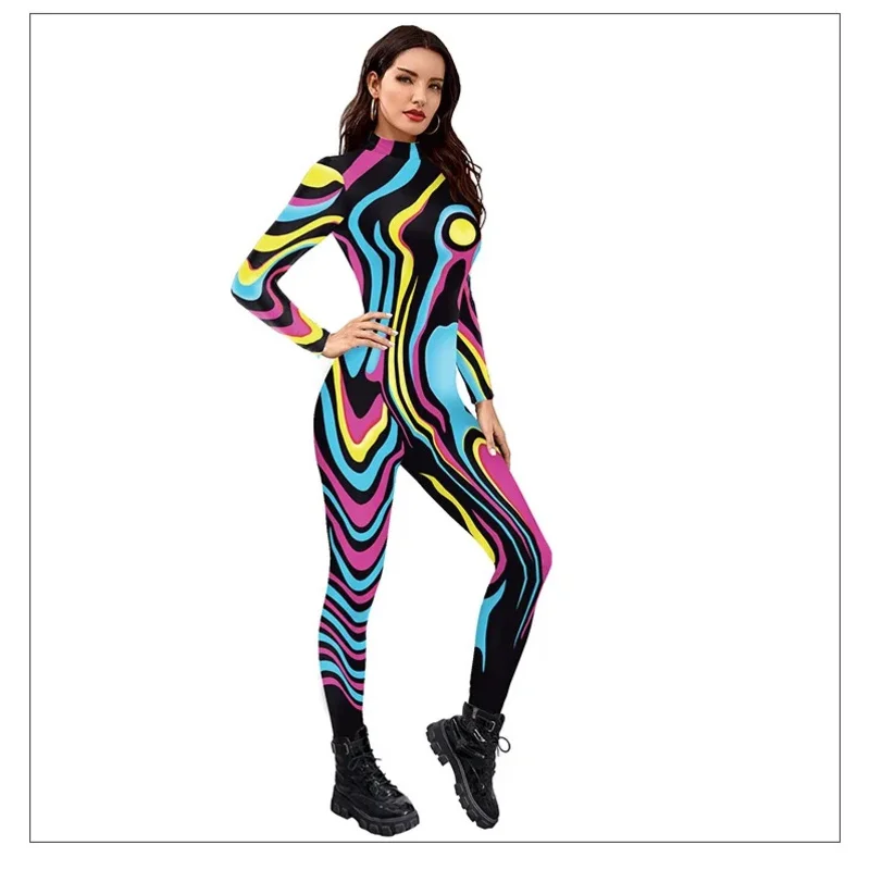 Multicolour printing holiday party women jumpsuits new fashion sexy jumpsuit wear cosplay costume catsuit bodysuit