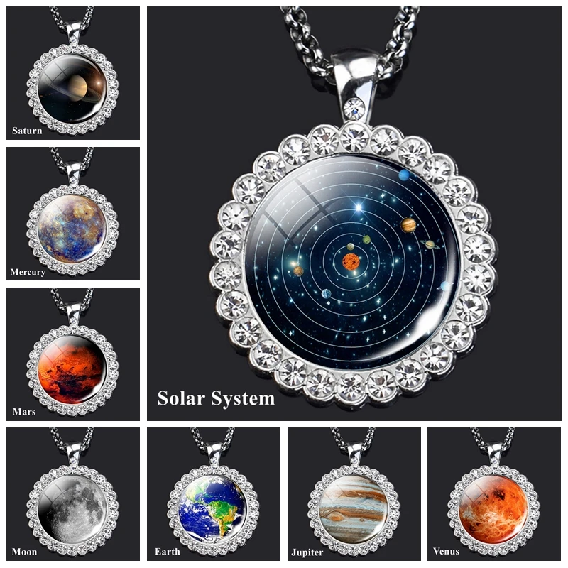 Solar System Planet Glass Rhinestone Pendant Necklace Milky Way Necklace Galaxy Moon Earth Saturn Mercury Nebula Jewelry