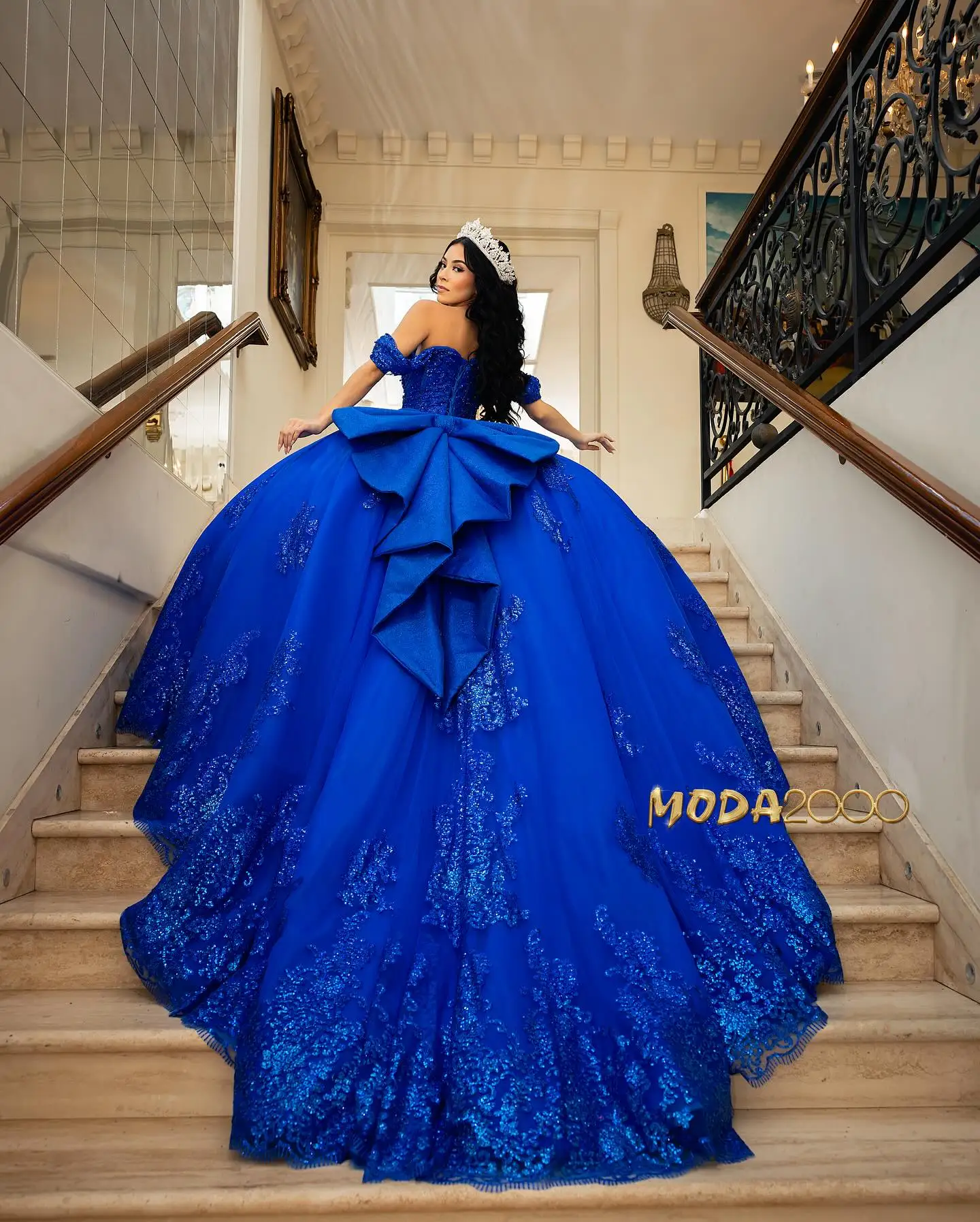 mexican royal blue quinceanera dresses Mexican Organza Strapless Royal Blue Ball Gown Prom Dress Quinceanera Dress main image 1
