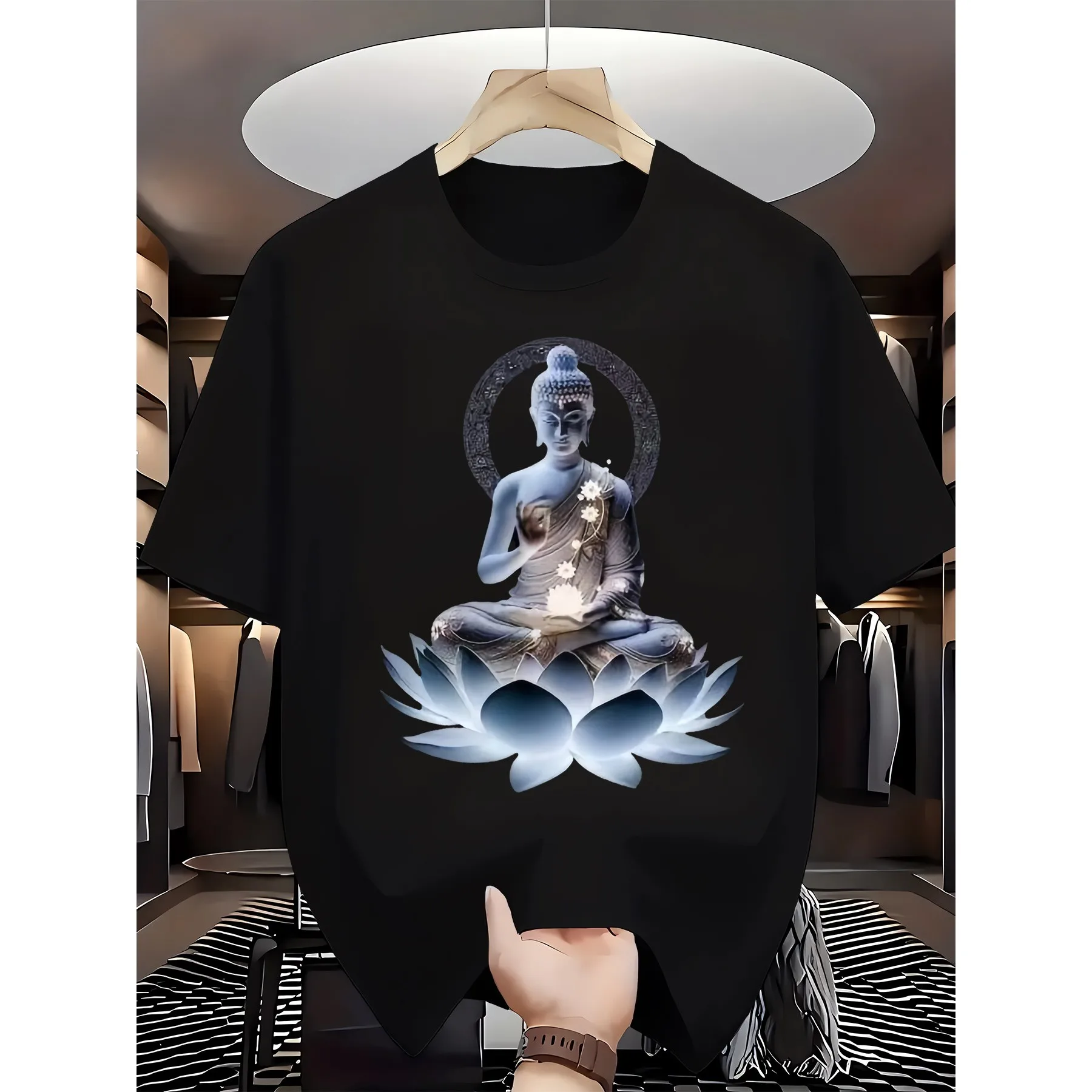 Buddha Meditation Lotus Graphic Black T-Shirt Men Breathable Short Sleeve Tee Daily