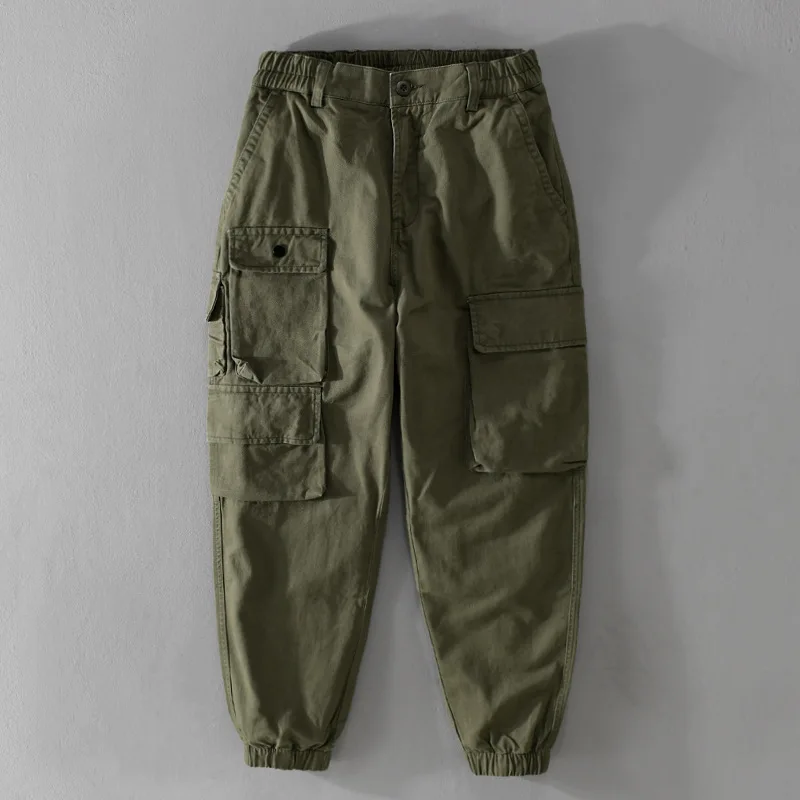 

7621 Multiple Pockets Handsome Causal Trousers For Man Vintage Style Tooling Tie Feet Daily Outdoor Green Pants