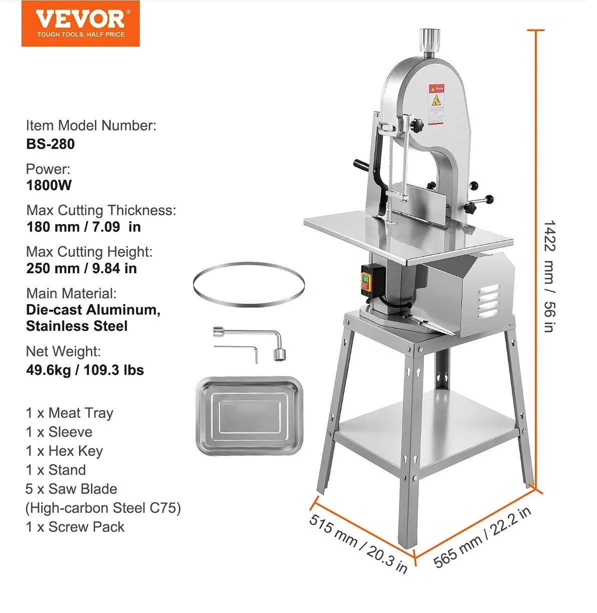 VEVOR 1800W Sierra de cinta eléctrica comercial para carne Sierra de huesos de acero inoxidable