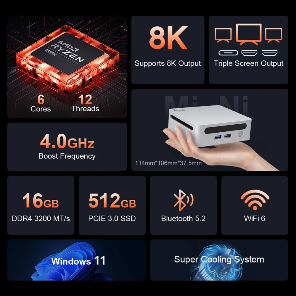 Ninkear n4 mini pc, amd ryzen 5 4600h 6 kerne max 4,0 ghz, 16gb ram 512gb ssd, wifi 6 bluetooth 5.2, 2 * usb 3,0 2 * usb 2,0 1 * rj45