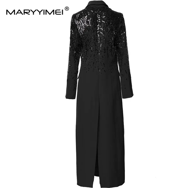 MARYYIMEI Elegant Autumn winter Fashion Coat Women\'s long sleeve Notched Sequins Double breasted Black Daily Basic Long Overcoat