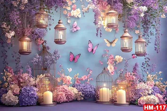 Fotografi Latar Belakang Musim Semi balon bunga kupu-kupu ungu dekorasi kue Smash Bayi Shower anak potret latar belakang Studio foto