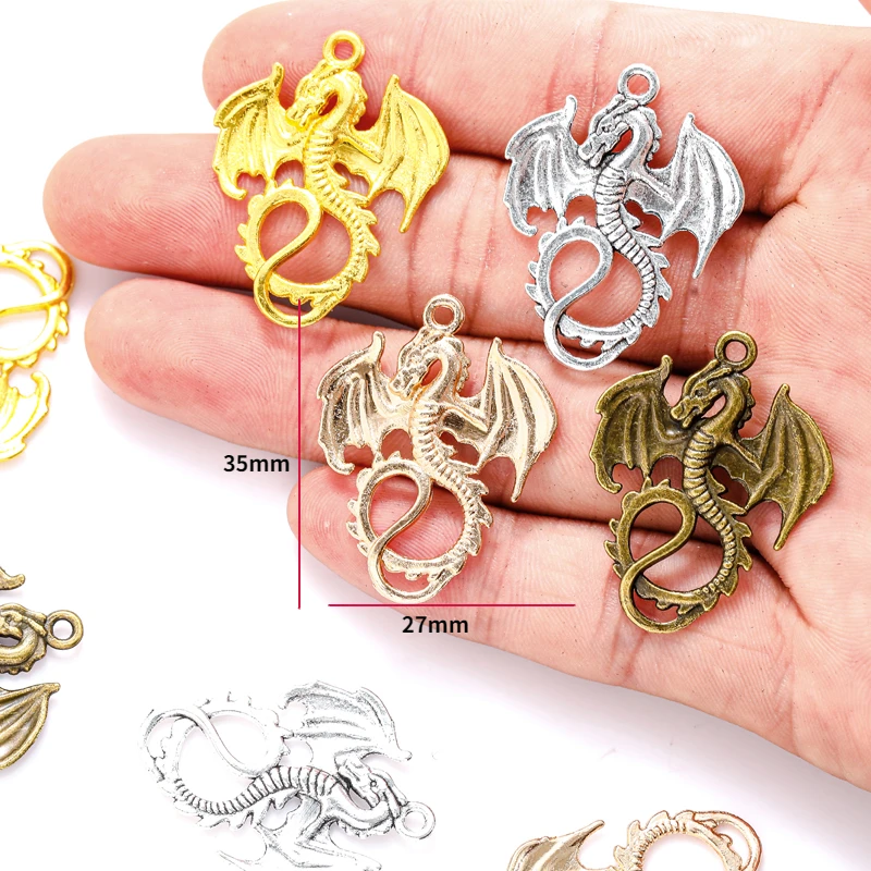 10 pcs Antique Sliver Bronze Gold Color Alloy Dragon Charm Fit Bracelets Necklace DIY Jewelry Findings 35*27mm D802