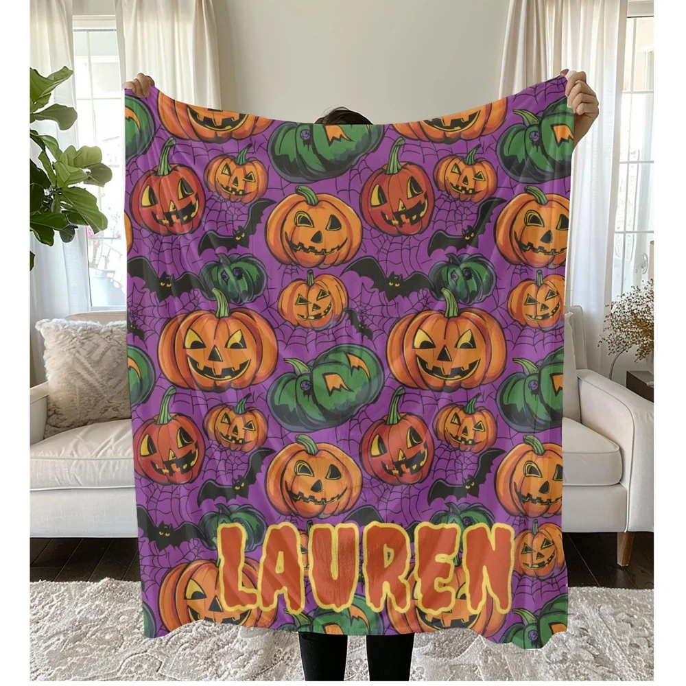 Custom Name Halloween Throw Blanket Fleece Jack‑o‑lantern Pumpkin Bat Spider Web Purple Background Soft Warm Sofa Decor Blanket