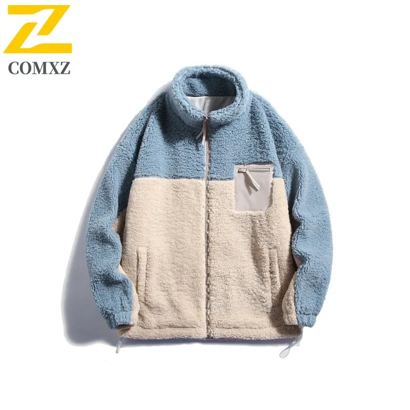 

COMXZ 2025 Мужская куртка с капюшоном на подкладке из шерпы, зимнее пальто в корейском стиле на флисовой подкладке, толстое теплое плюшевое удобное пальто большого размера