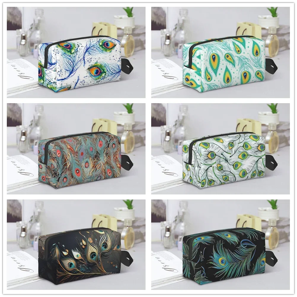 Peacock feather Makeup bag Ladies Zipper large print travel storage Toiletry bag Pen bag Suitable gifts