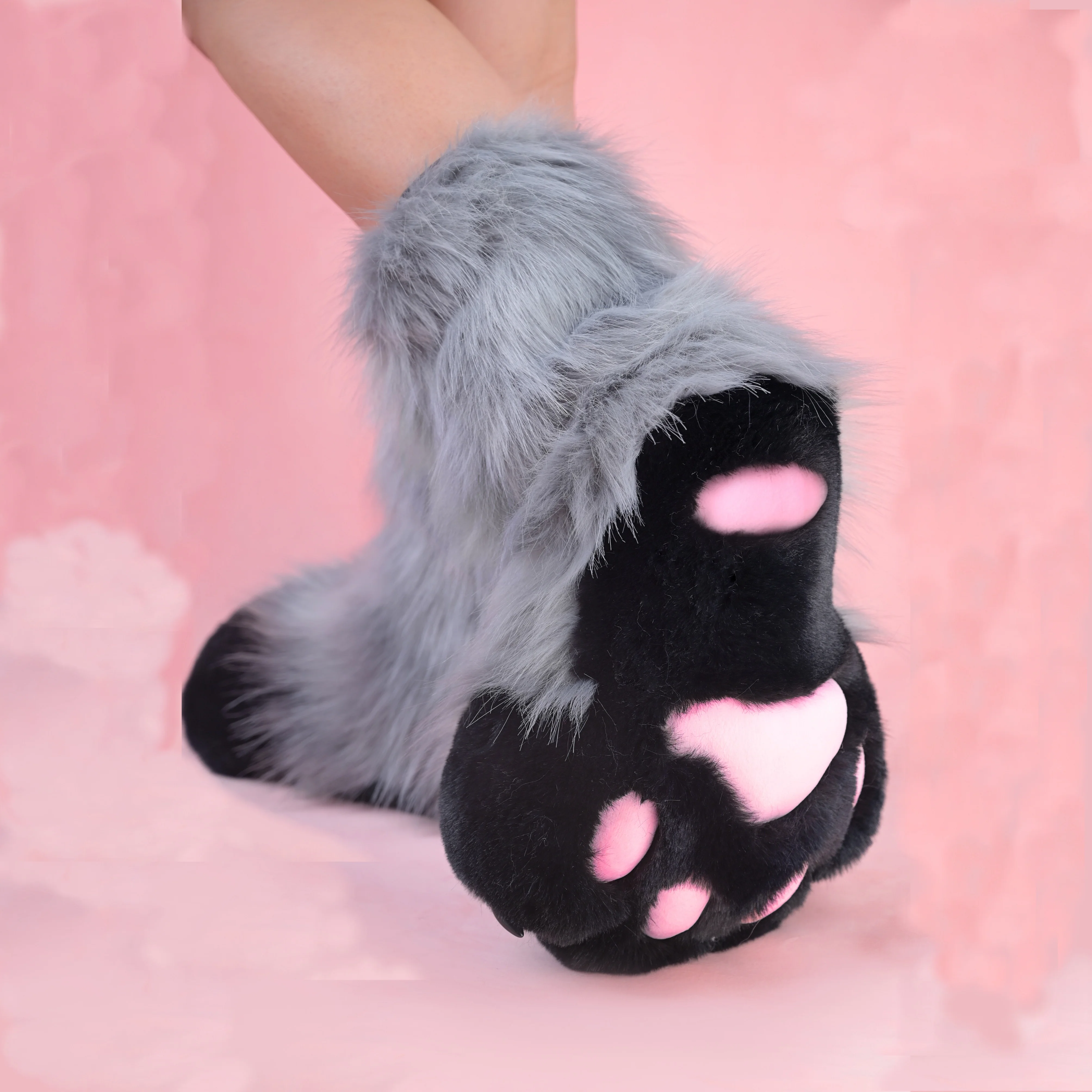 Gothic Style Paw Shoes, Dark Aesthetic Cosplay Plush Footwear for Halloween