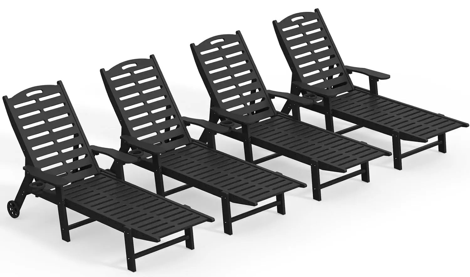5-Position Adjustable HDPE Chaise Lounge Set of 4 with Wheels & Cup Holder, Outdoor Furniture for Pool Deck Backyard, Customized