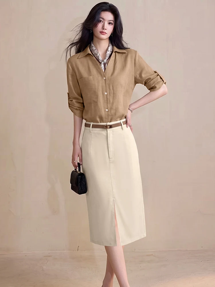 

Summer 2026 Women's Silk Scarf Belt Commute Elegant Slimming Two-Piece Set High Waist Pants Shirt Long Sleeve Pure Color