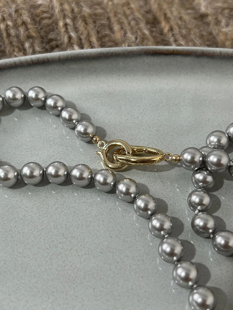 Elegance Gray Pearl Linked  Necklaces Women Jewelry Punk Hiphop Designer Runway Rare  Boho Top Japan Korean