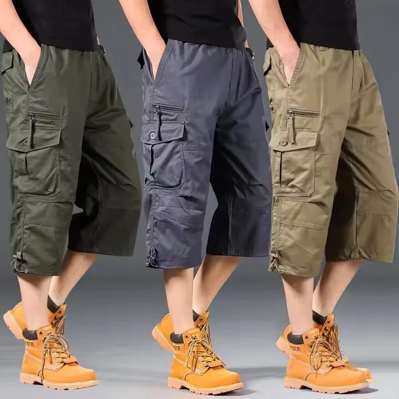 Summer Men's Loose Cargo Shorts Tactical Capri Trousers Elastic Waist plus Size Casual below Knee Outdoor Jogging Pants