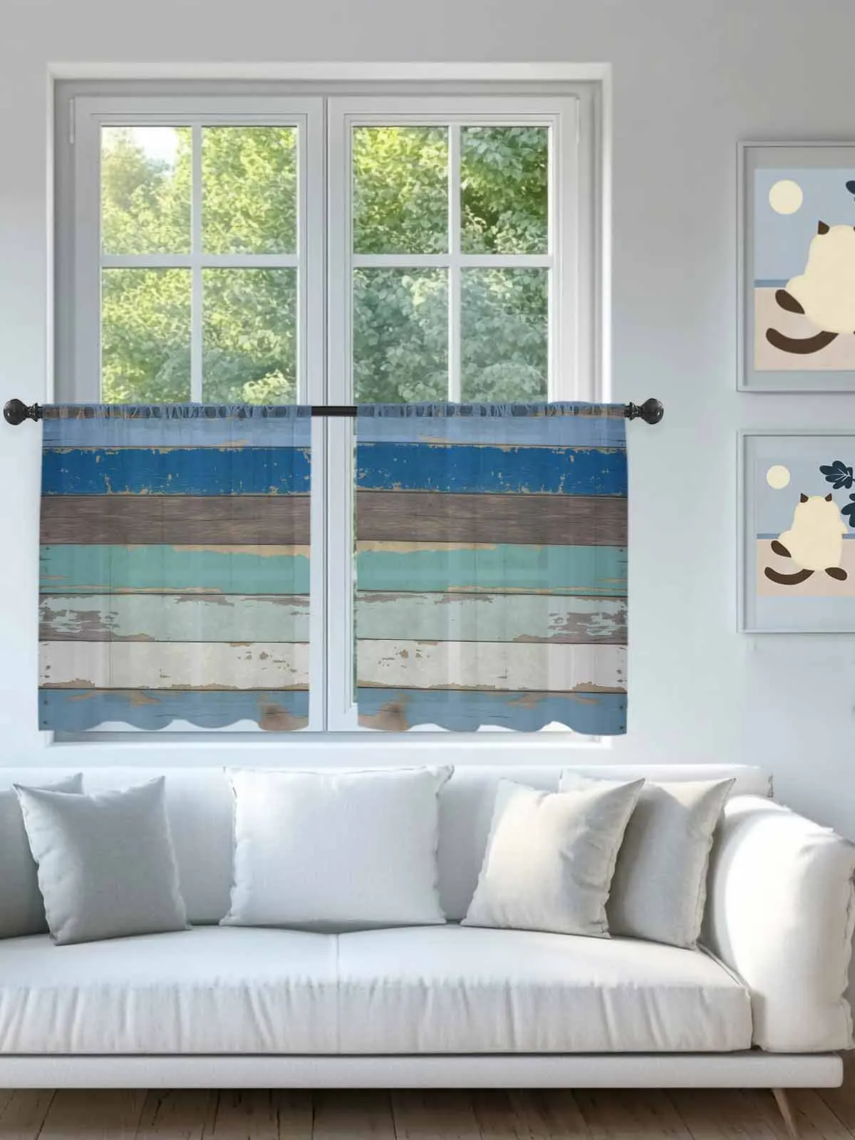 

Blue Coastal Distressed Plank Sheer Voile Curtains for Living Room Window Treatment for Bedroom Kitchen Drapes