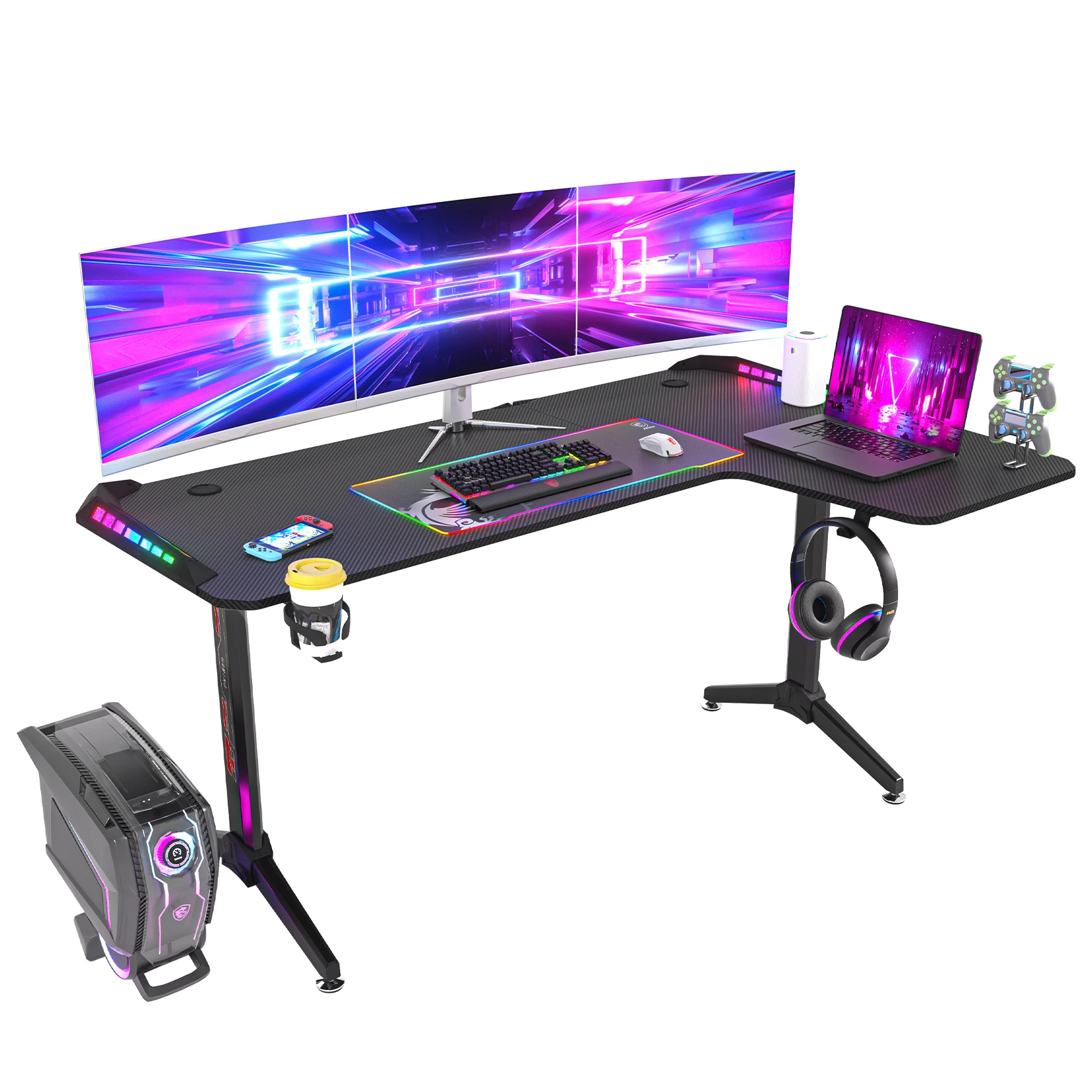 XXXL Large Corner Gaming Desk L Shape Gamer Computer Table RGB LED Lighted Table with Cup Holder and Headphone Hook