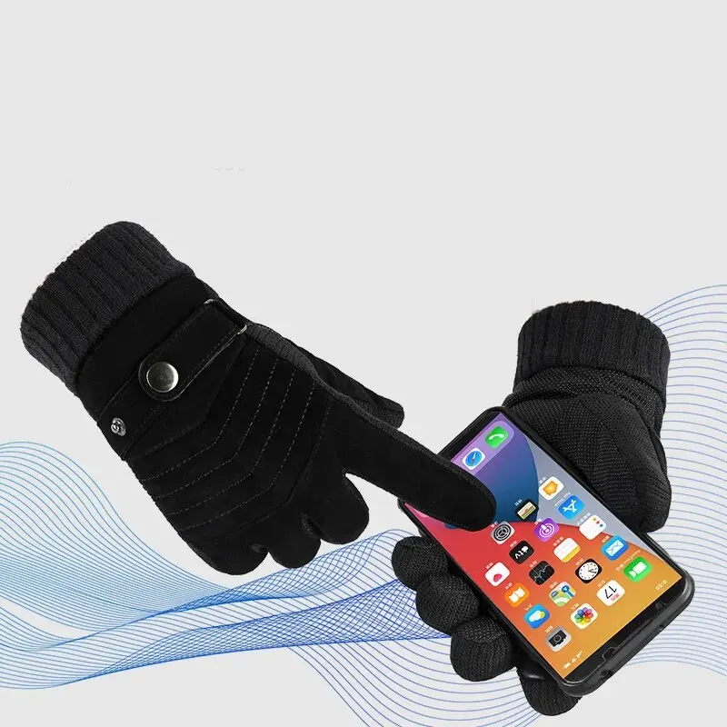 Gloves Men\'s Winter Cycling Motorcycle Windproof Cold Insulation Warm Leather Touch Screen Anti-Slip Thick Pile