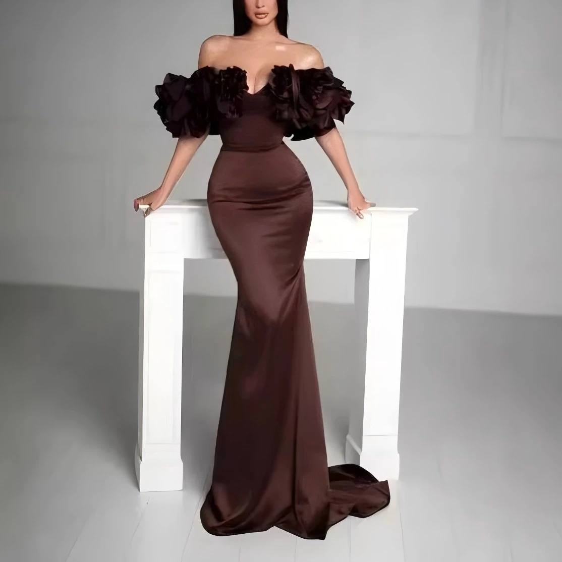 

Chocolate Off Shoulder Mermaid Evening Dresses Flowers Satin Woman Prom Gown for Party Wedding Guest Dress Zipper Back
