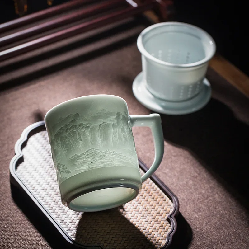 Jingdezhen Goods Carved Ceramic Jiangnan Style Tea Cup Chinese with Lid Meeting Office