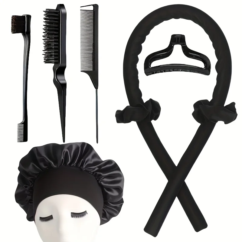 3/5/8pcs Styling Tool Set Women'S No-Heat Curling Iron and Satin Sleep Cap Set Hair Styling Tools Comb Hair Clip Hair Tie Set