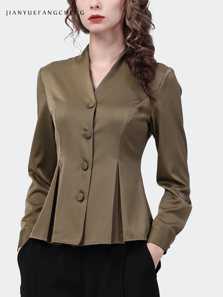 Satin Top Womens Long Sleeve Olive color Shirt 2024 Spring Summer Tops Elegant Slim V-neck Cinched Waist Blouses