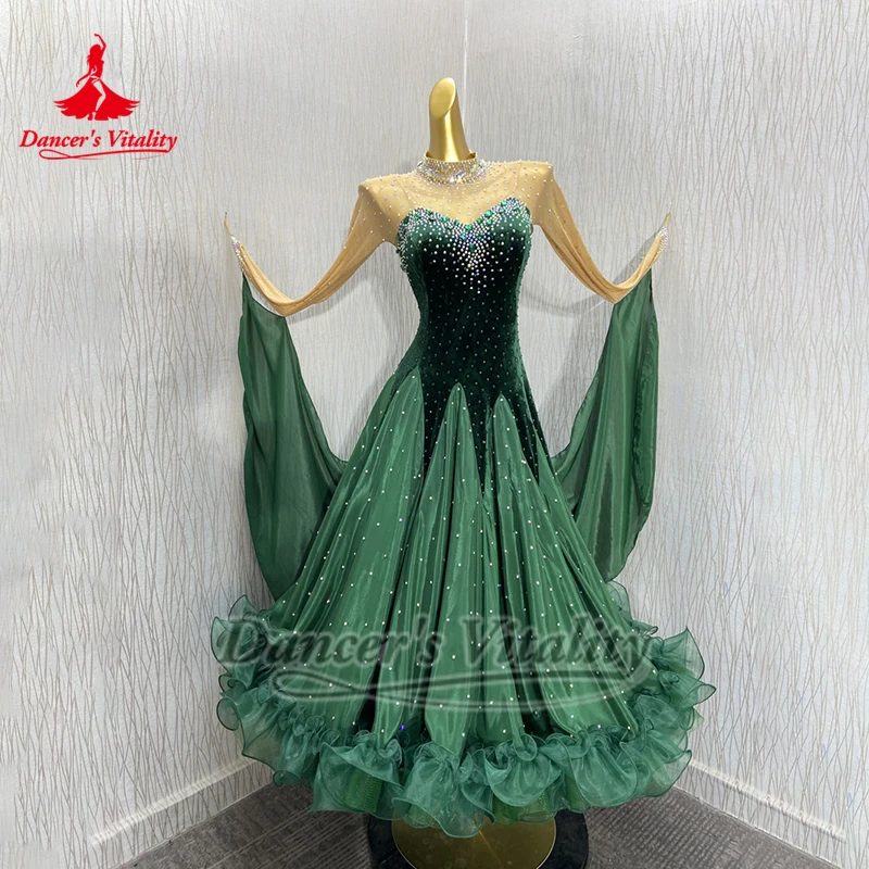 ダンサーの活力ワルツフォックストロット黒緑色ハイネック高級ABストーン優雅なドレスカスタマイズ社交ダンス服