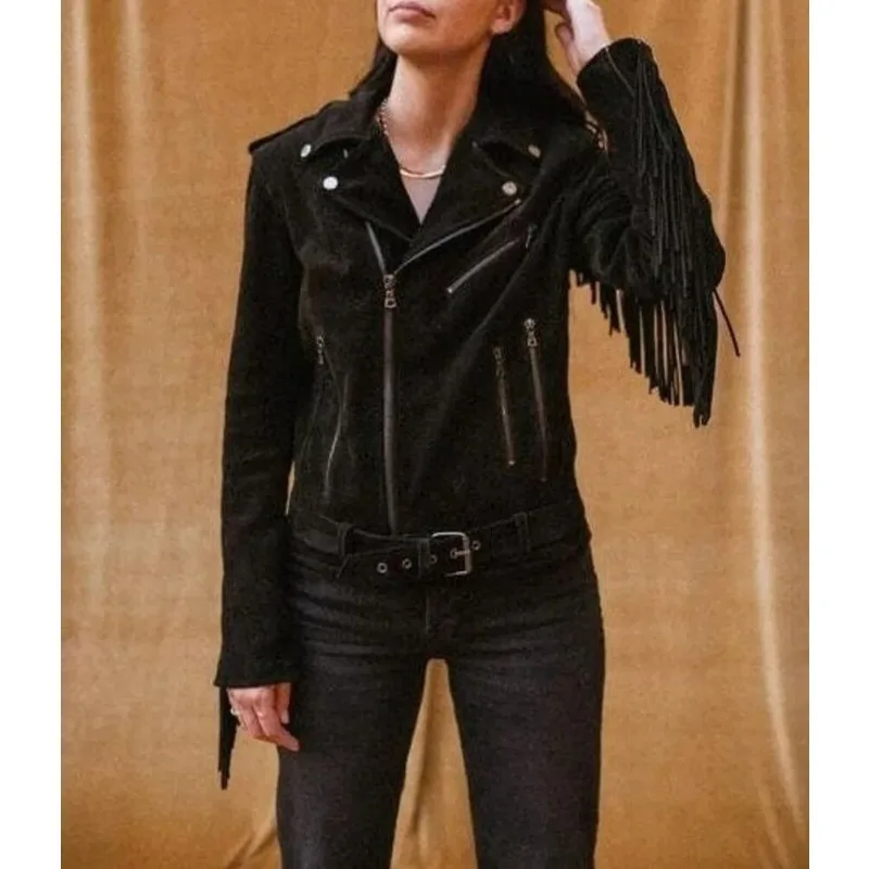 Women Black Pure Soft Suede Leather Fringe Jacket Western Style Jacket  Fashion Trend