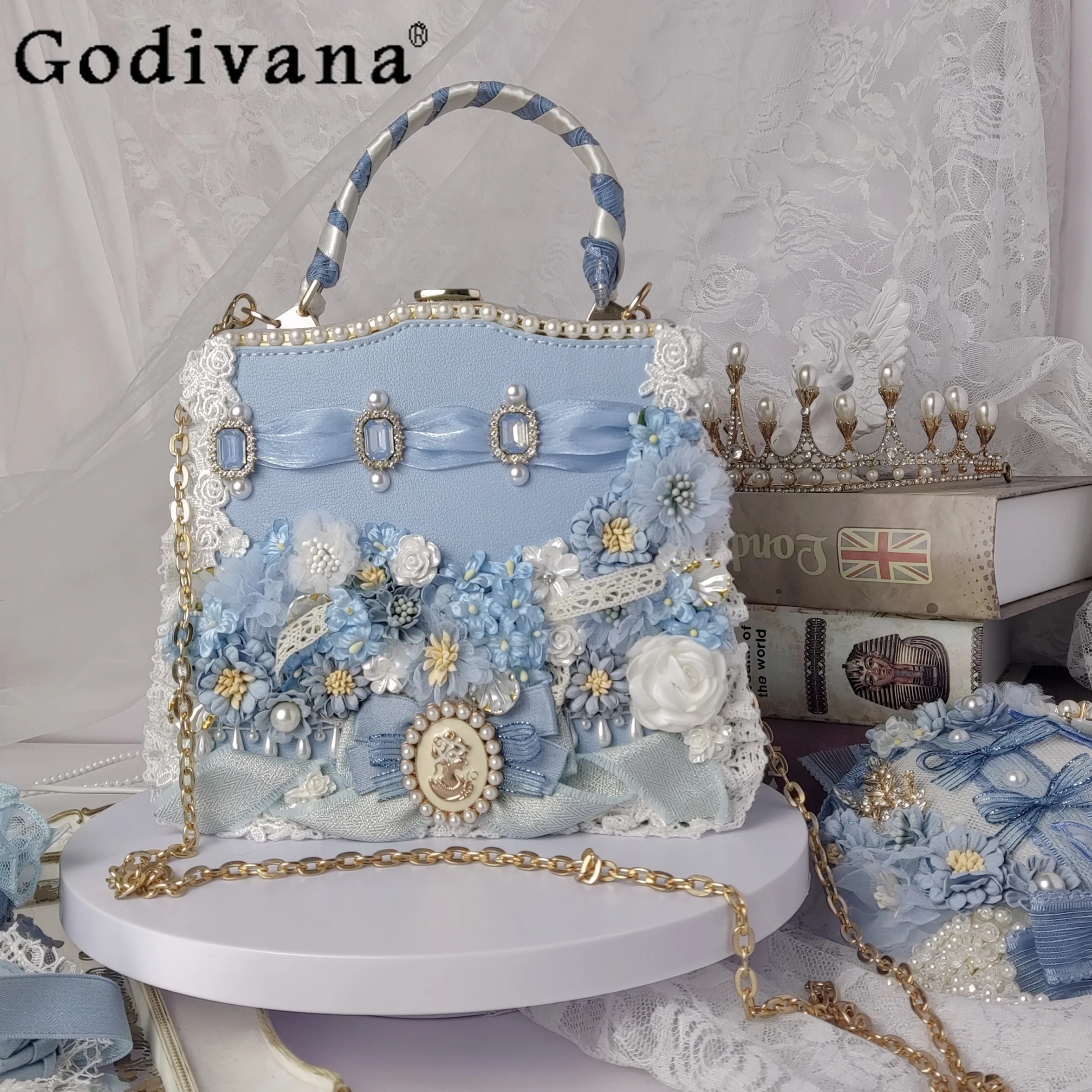 

Japanese Original Gorgeous Lolita Wedding Cla Blue Handbag Retro Lady Flower Messenger Bag