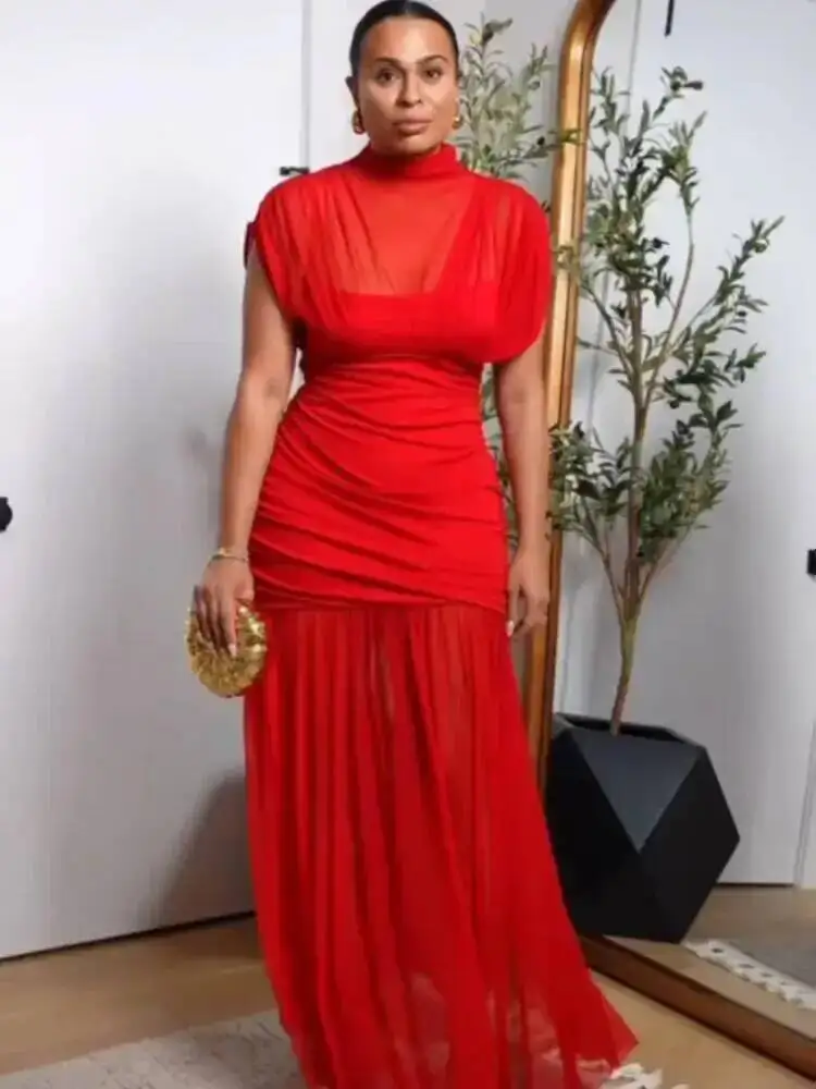 فساتين طويلة أنيقة للحفلات المسائية بطيات حمراء أنيقة وأكمام طويلة شبكية مرقعة فستان نسائي صيفي لقضاء العطلات على الشاطئ