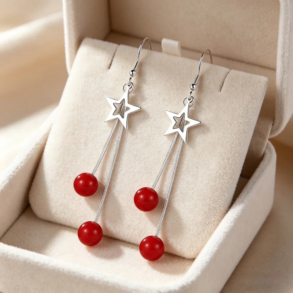 925 Silber Stern Rote Perlen Tropfen-Ohrringe für Frauen Lange Quasten-Hängeohrringe Mode Hochzeit Dating Schmuck Geschenk